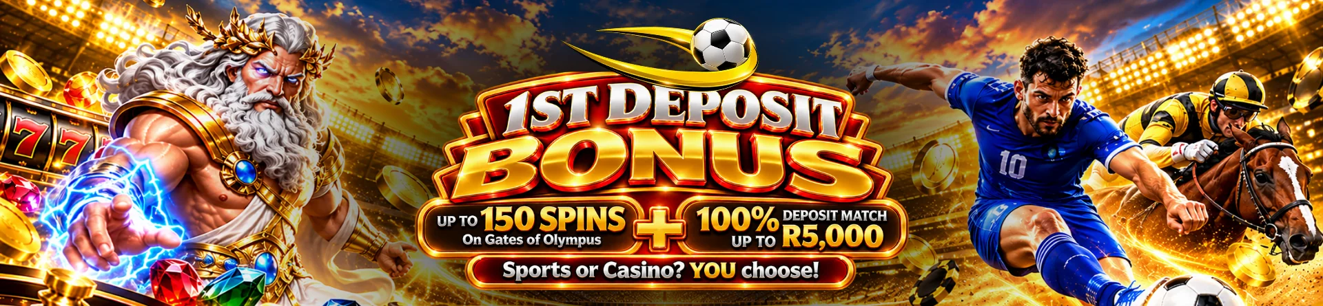 1st Deposit Bonus, 100% match up to R5,000 + 150 free spins on Gates of Olympus
