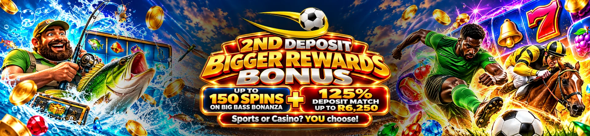 2nd Deposit Bonus, 125% match up to R6,250 + 150 free spins on Big Bass Bonanza