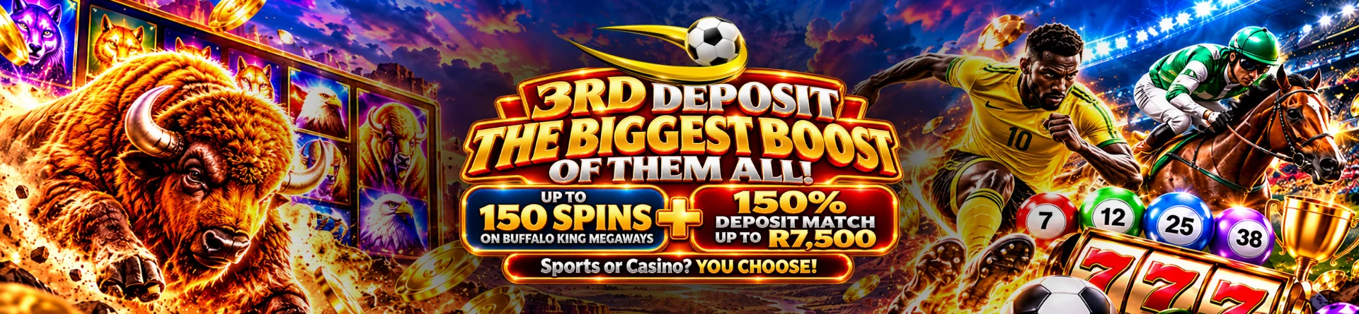 3rd Deposit Bonus, 150% match up to R7,500 + 150 free spins on Buffalo King Megaways