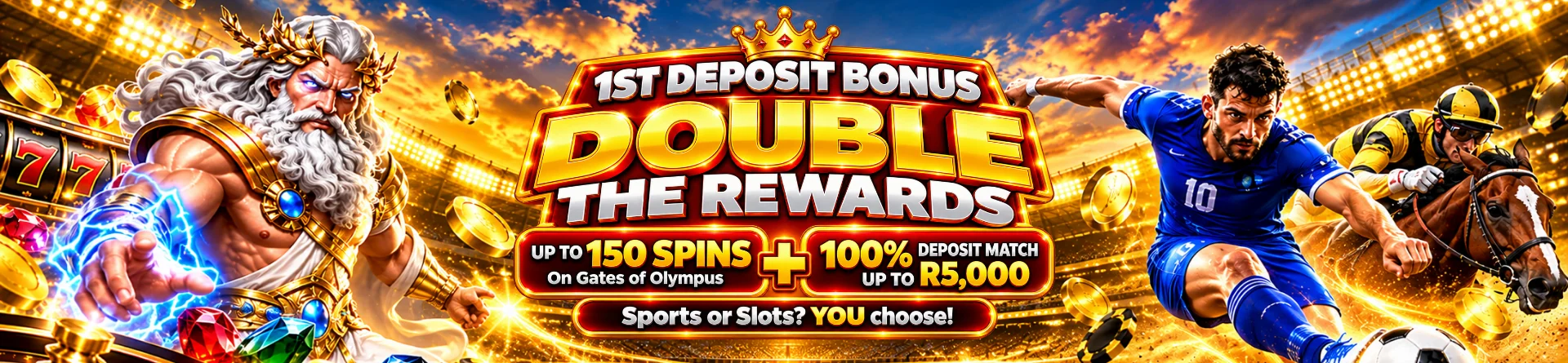 1st Deposit Bonus, 100% match up to R5,000 + 150 free spins on Gates of Olympus