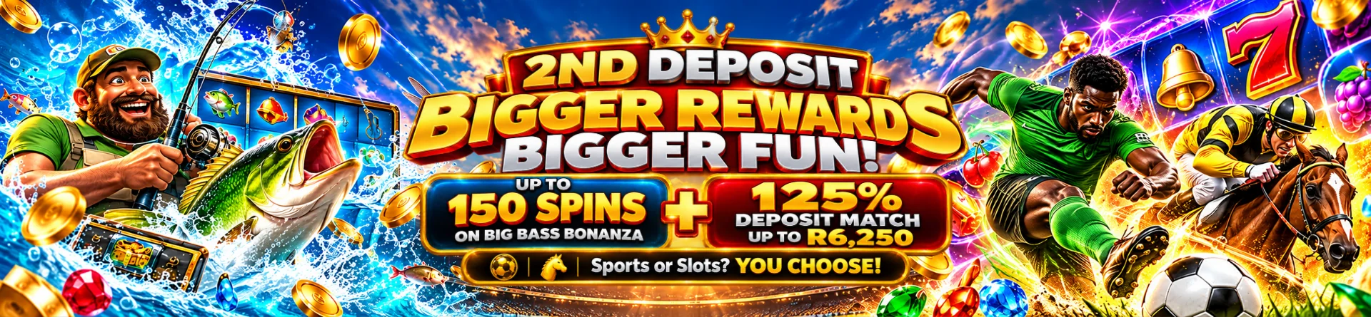 2nd Deposit Bonus, 125% match up to R6,250 + 150 free spins on Big Bass Bonanza