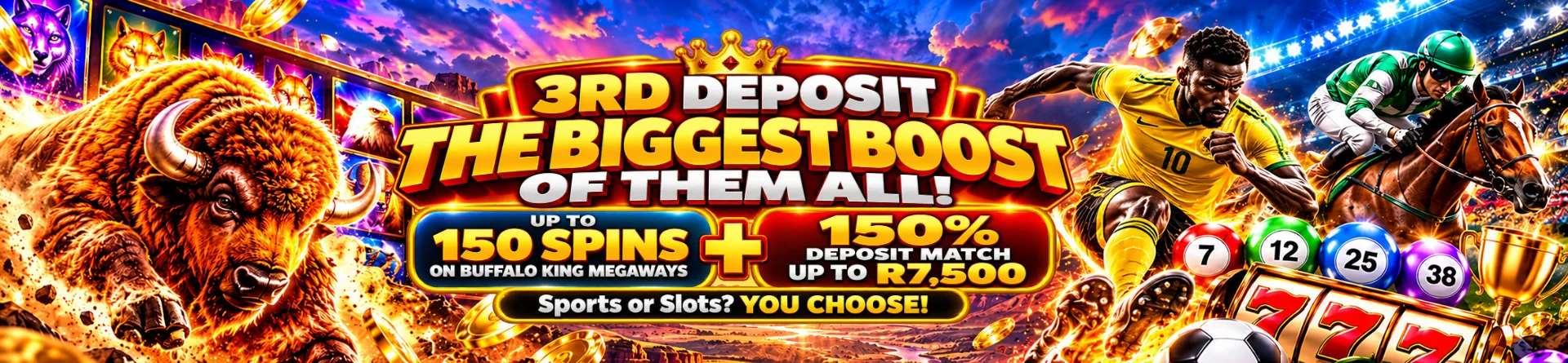 3rd Deposit Bonus, 150% match up to R7,500 + 150 free spins on Buffalo King Megaways